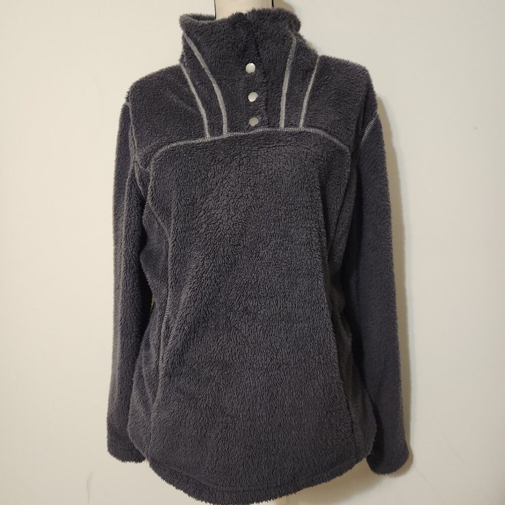 Kuhl Avalon Sherpa Fleece Pullover Gray Sweater High Button Neck Top Sz L